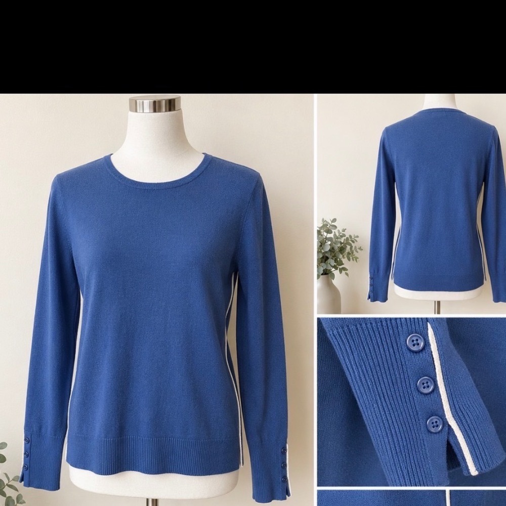 Metric Crew Neck Sweater Womens Medium Blue Minimalist Button Cuff Contrast Trim